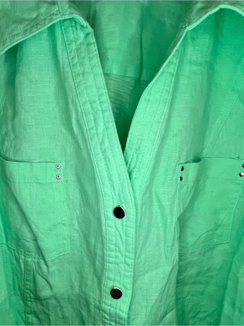 JM Collection Minty Green Linen & Cotton Top with Pocket Detail Sz 12 - Picture 3 of 6